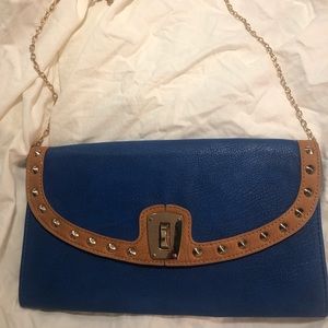 Blue and tan shoulder bag/clutch with gold studs